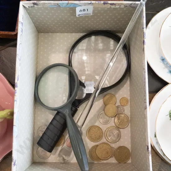 glass rod, coins, magnifying glasses