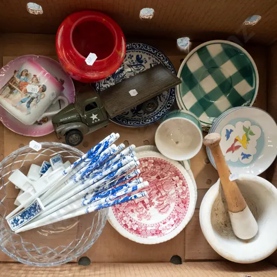 box; salad bowl, mortar & pestle, toy army truck, chopsticks, etc.