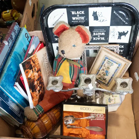 box; vintage teddy bear, candelabra, books etc