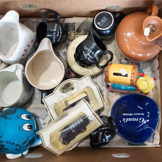 box; whisky jugs, model vehicles, ashtray etc