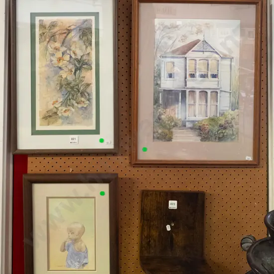 3x framed watercolours - green dots