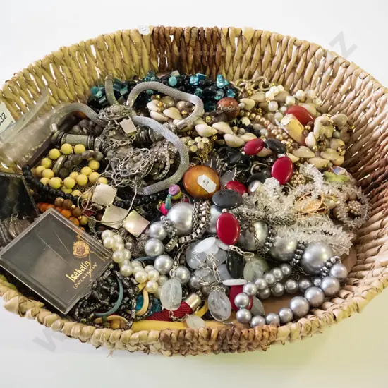 large seagrass basket and costume jewellery