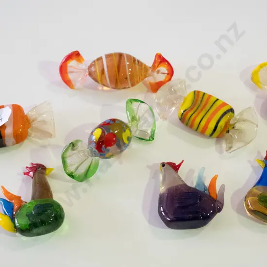 box; glass lollies, small chickens