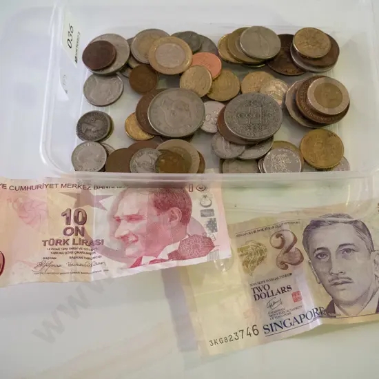 plastic tray of foreign coins and banknotes
