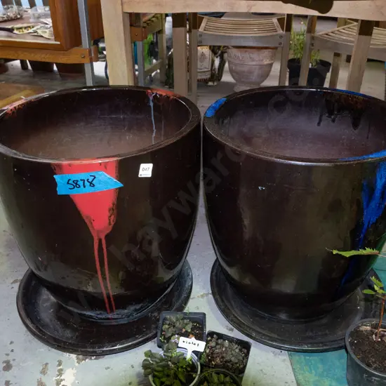 pair of large glazed garden planters and trays H-500 Diam-440