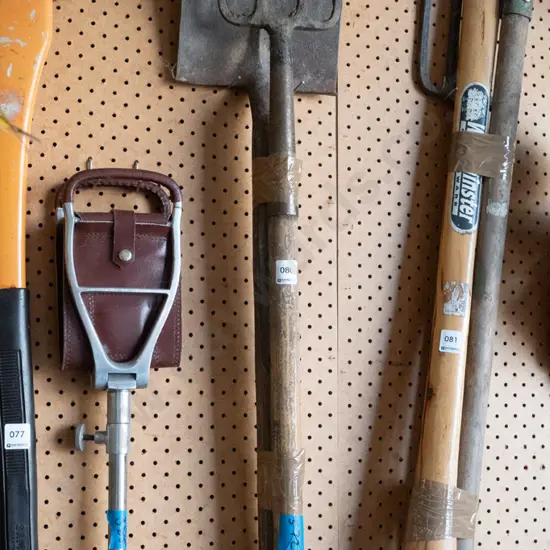 wooden handled garden spade and fork