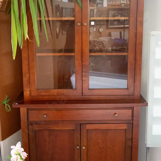 solid wood wall unit with 2 solid and 2 glazed doors and single drawer - tidy condition