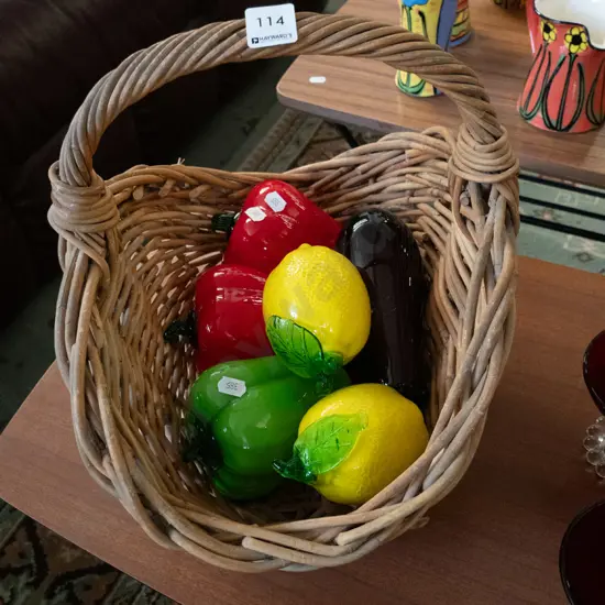 cane basket, faux glass fruit