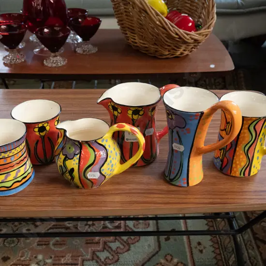 studio pottery coffee cups and creamers