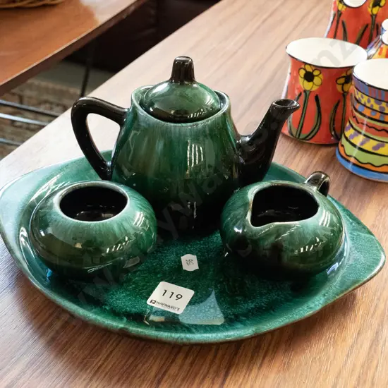 Blue Mountain tray, creamer and sugar