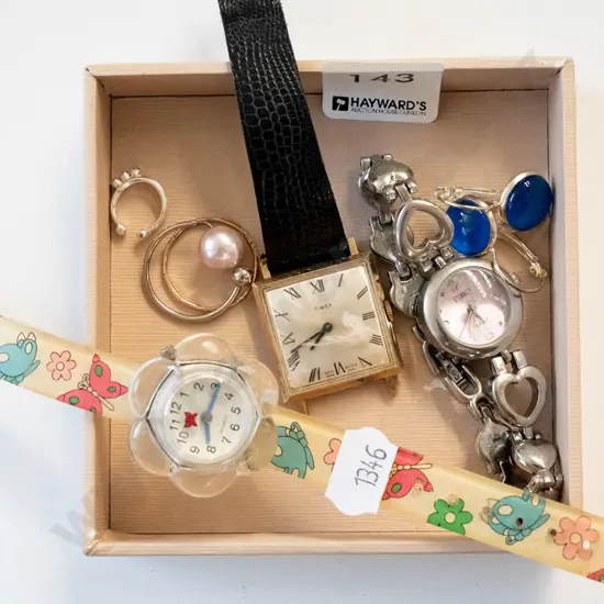 box; watches, earrings