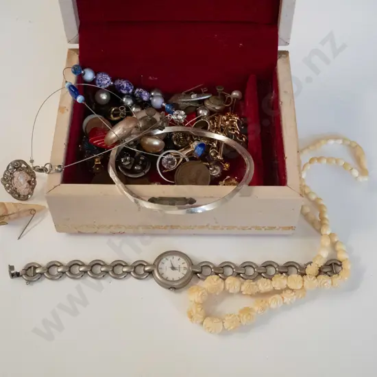 box; bone necklace, bangle, coins etc