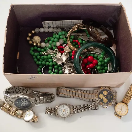 box; beaded necklaces, wristwatches, earrings etc