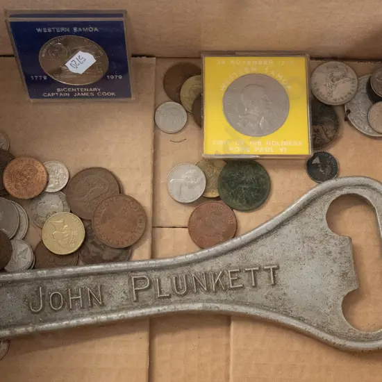 box; coins, large beer bottle opener
