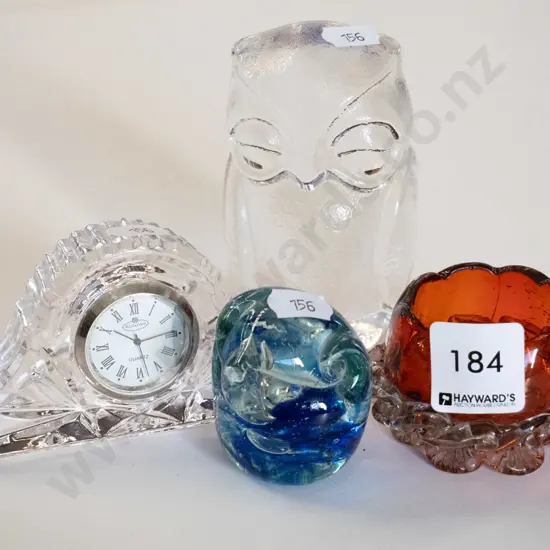 cut crystal bedside clock, animal figurines, small ring dish