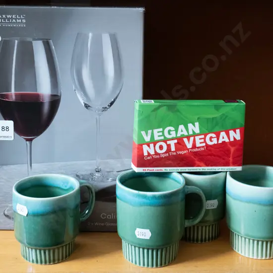 box of wine glasses, coffee cups, Vegan flash cards