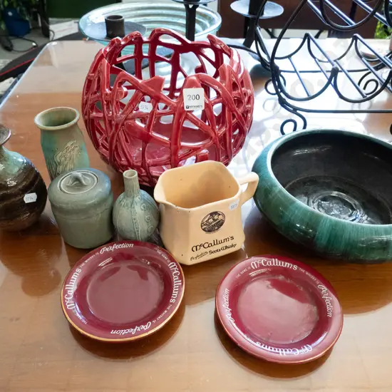 pierced ceramic fruit bowl, ashtrays, whisky jug etc