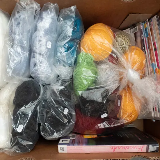 box; knitting yarns, patterns, homemade book