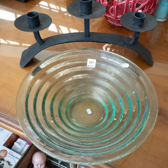 large glass fruit bowl, metal candelabra