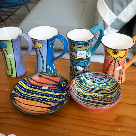 pottery coffee cups, plate and bowl