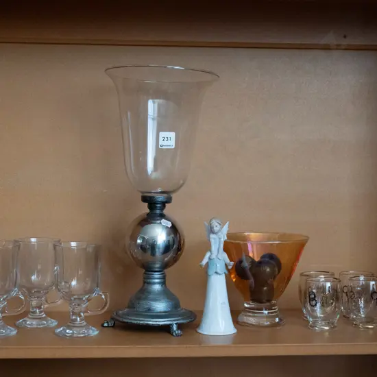 glass Irish coffee cups, amber glass bowl, worry balls, bell, Vase H-410 etc