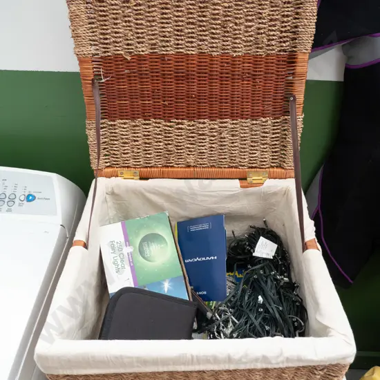 cane basket, fairy lights, CDs etc