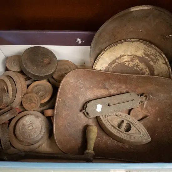 box, rusty weight scales, scale trays, sad iron etc