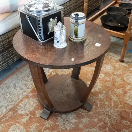 oak deco circular end table H-460 D-500 crack to top, varnish needs attention