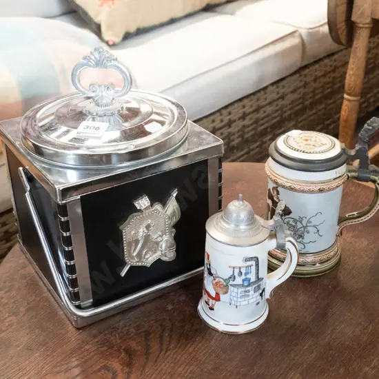 plastic ice bucket & 2 lidded beer steins