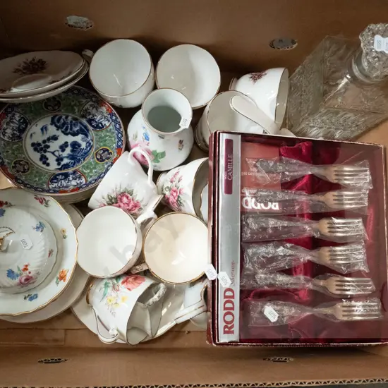 box; glass decanter, cased cutlery, cups, saucers etc