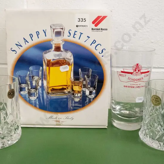 cased decanter & shot glasses, crystal beer mugs & schooner