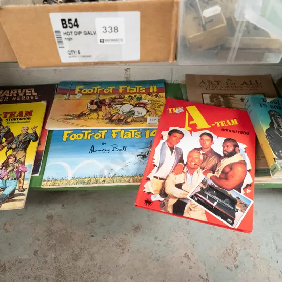 shelf of comic books, Footrot Flats and other books