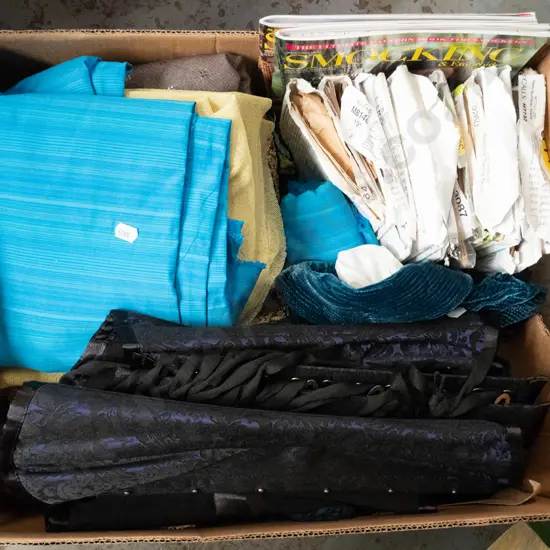 box; corsets, fabric, sewing patterns etc