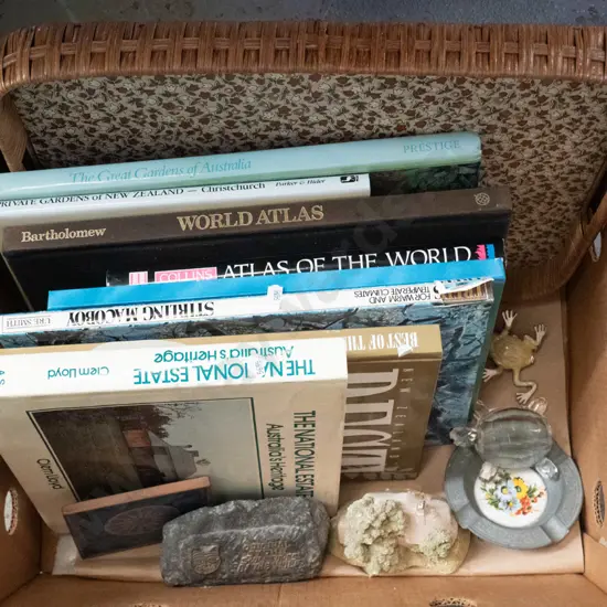 box; books, cane tray, ashtray, glass turtle etc