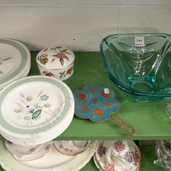 shelf blue glass bowl, Woods Cloverly plates, trinket container etc