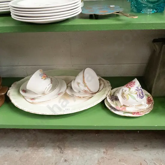 shelf; crystal footed bowl, cutlery, cups, saucers, Temuka casserole