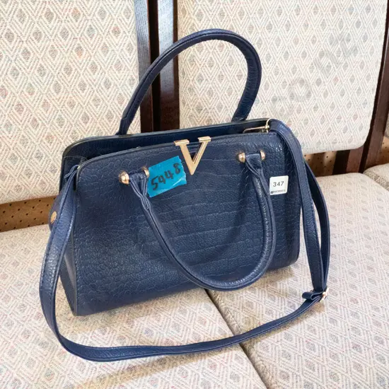 blue vinyl handbag