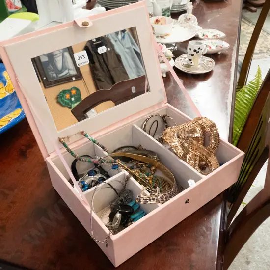 pink suedette jewellery box & contents, costume jewellery, bangles etc