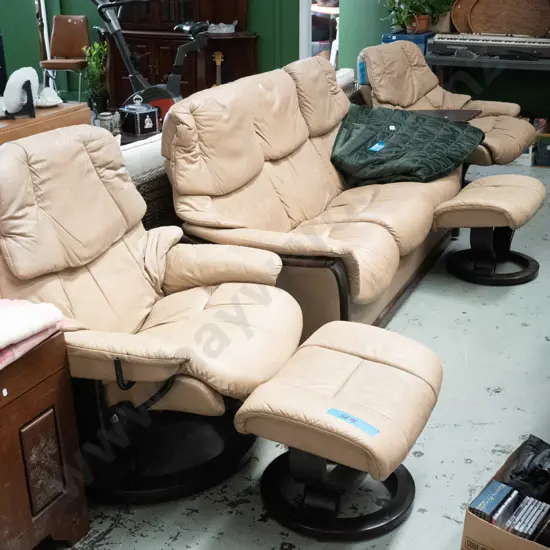 genuine Stressless 5 piece lounge suite - reclining 3 seater, 2x reclining rocker singles, 2x footstools