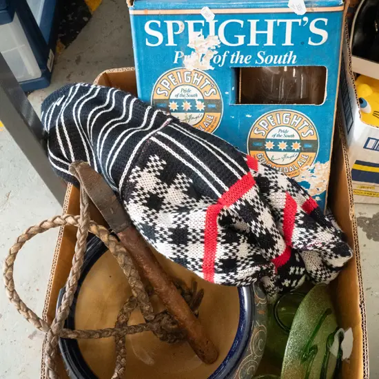 box; jardiniere, Speights flagon, green glass items etc