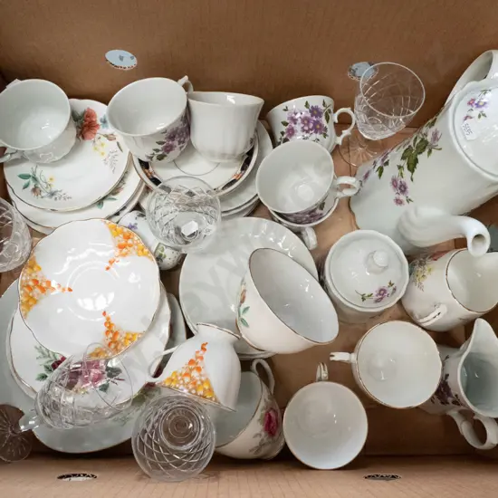 box; coffee pot, sugar, tea cup etc