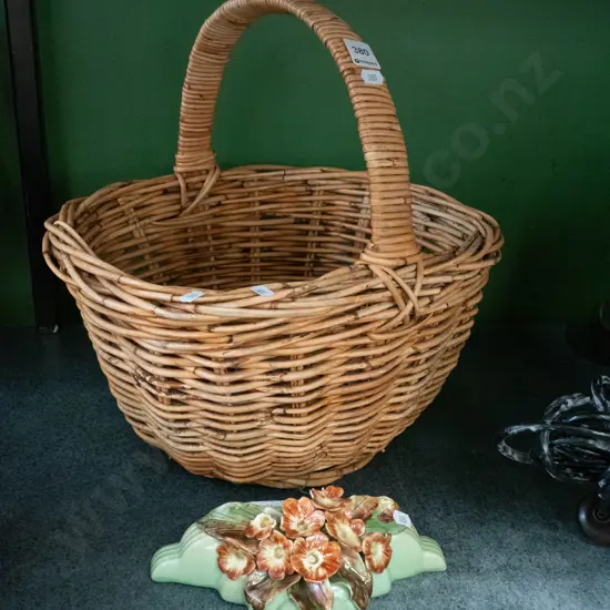 cane basket, floral ceramic pocket vase - Milton?