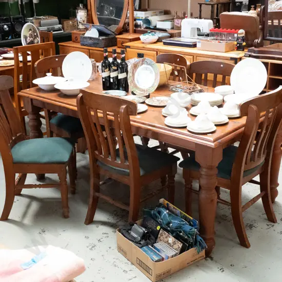 solid pine turned leg dining table with 6 matching green-upholstered chairs H-770 W-1820 D-1000