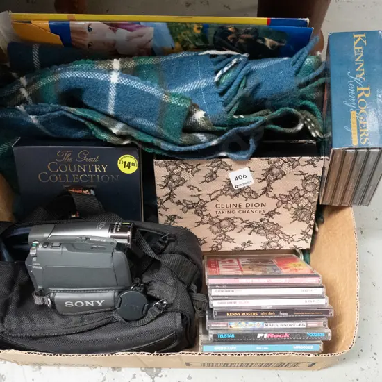 box; check travel rug, Sony video camera, CDs, etc