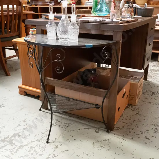 wrought metal and glass half round table