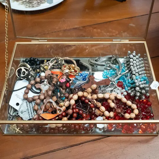 lidded glass box, costume jewellery