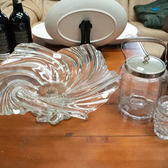 swirled glass footed fruit bowl, cut crystal honey pot, biscuit barrel