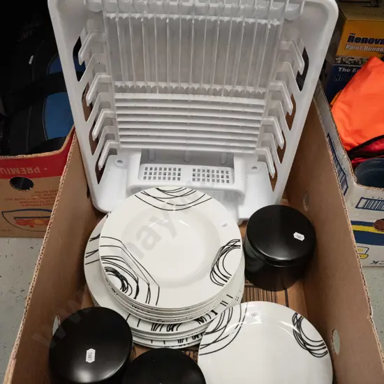 box; modern plates, plastic dish rack, storage canisters