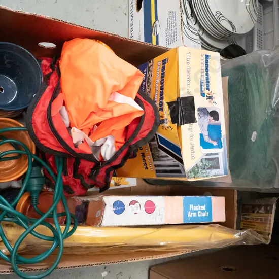box; tent pegs, shade cloth, renovator pro paint runner etc