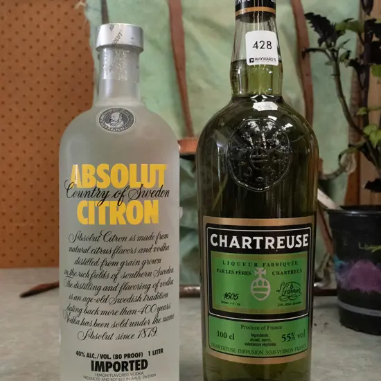 bottle of vodka, bottle of Chartreuse